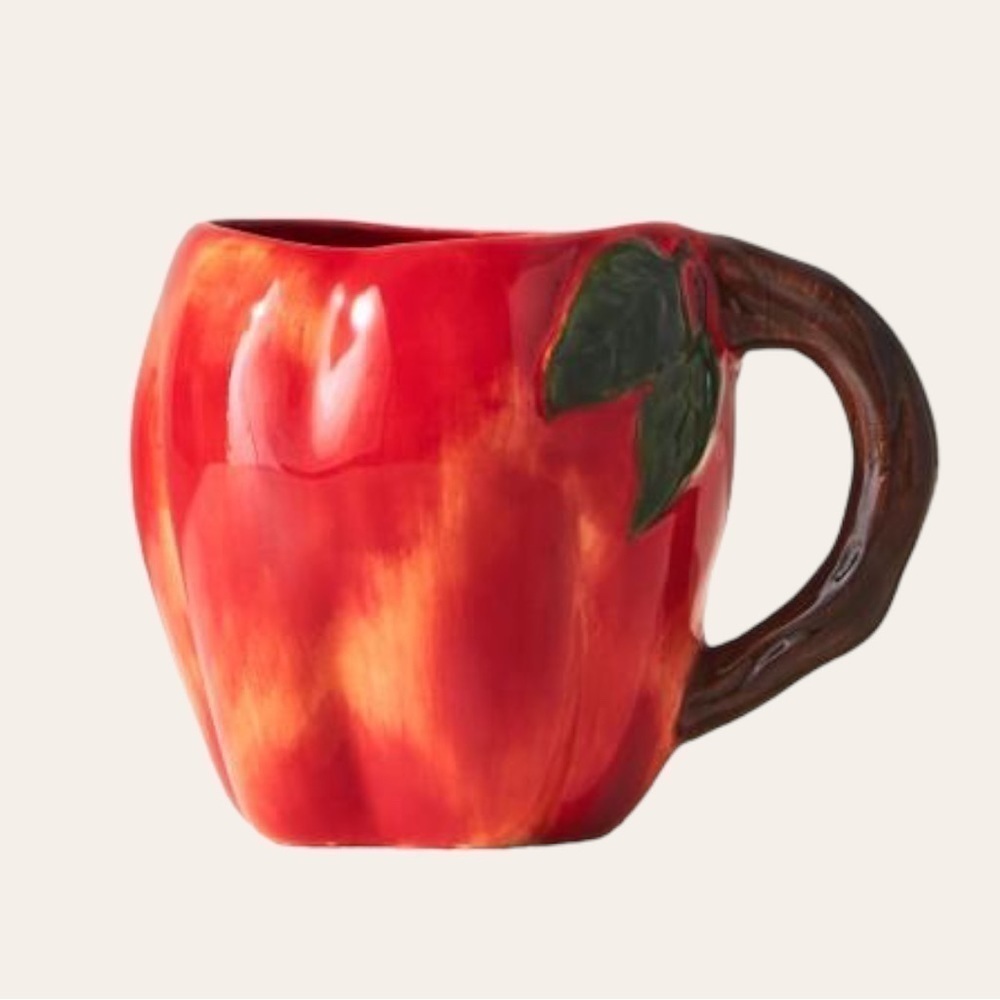 Anthropologie Apple Mug NIB Handpainted Stoneware L 13oz Teacher Holiday Gift